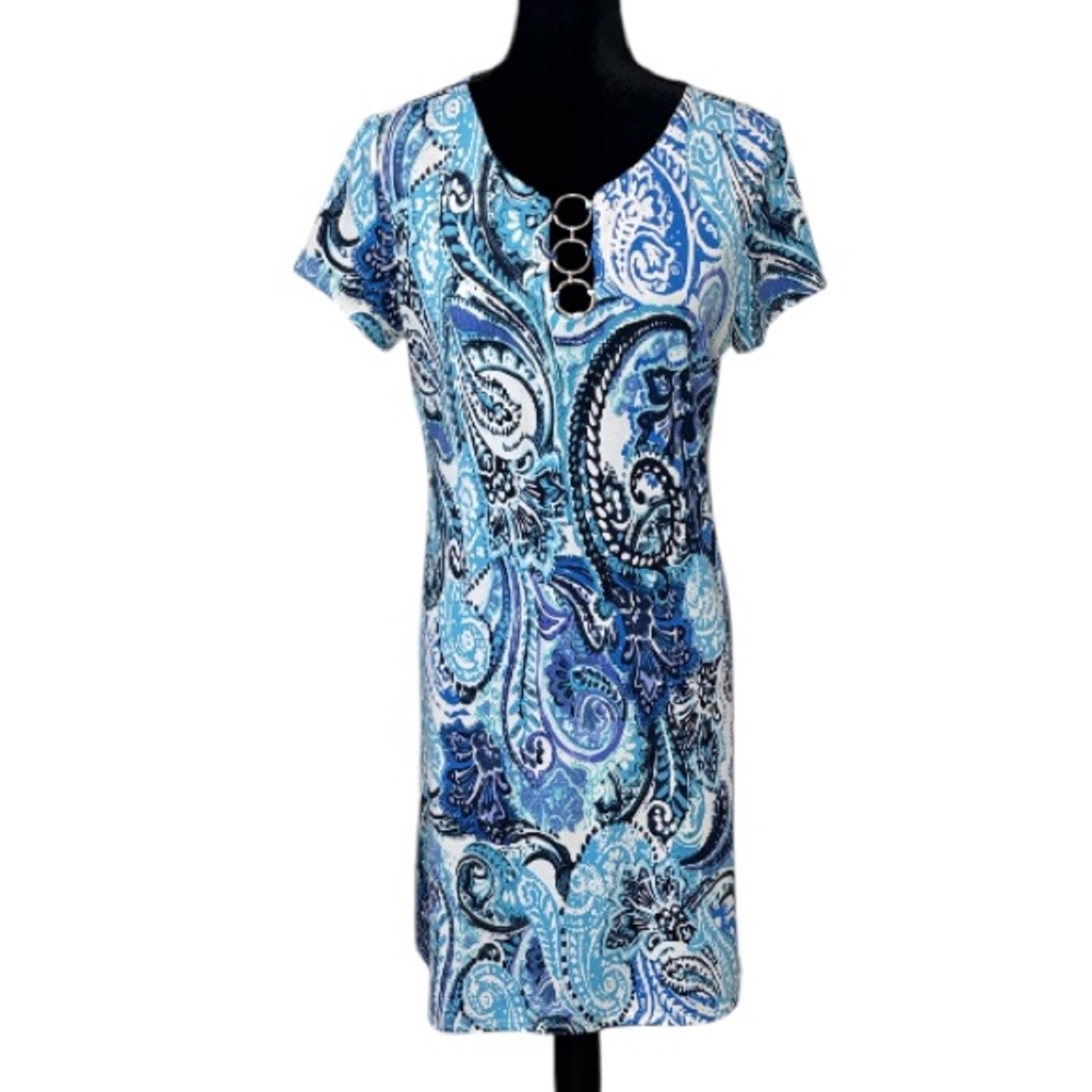 🌹MSK - Blue and White Paisley Embellished Midi Dress - Size Medium